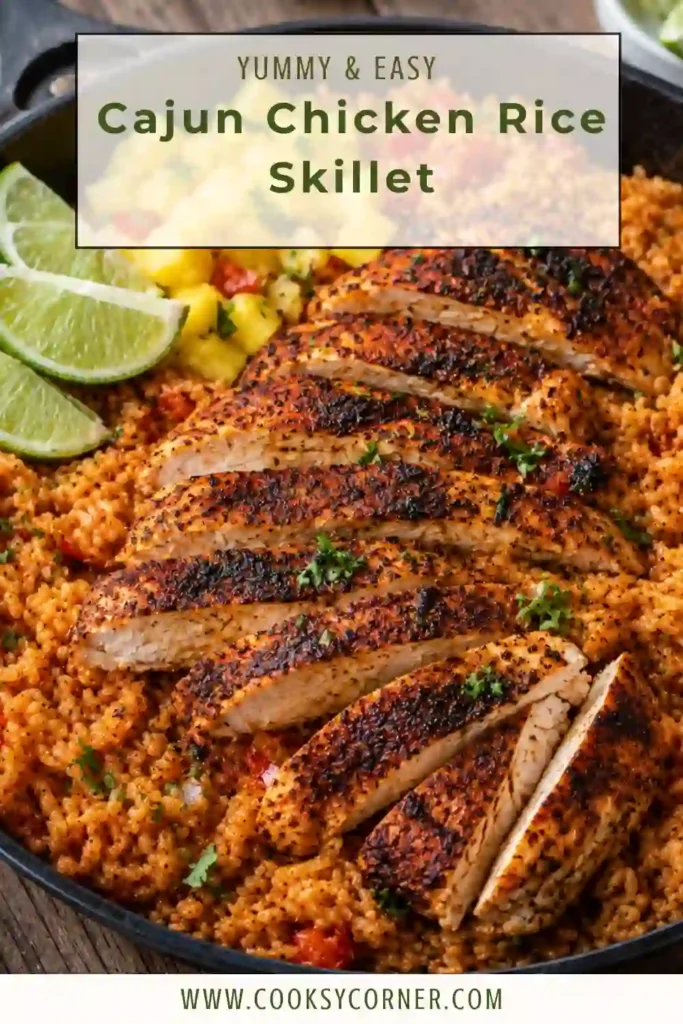 Close-up of Cajun Chicken & Rice Skillet garnished with cilantro, mango, and lime wedges. The skillet showcases tender chicken and perfectly cooked rice in a vibrant presentation.