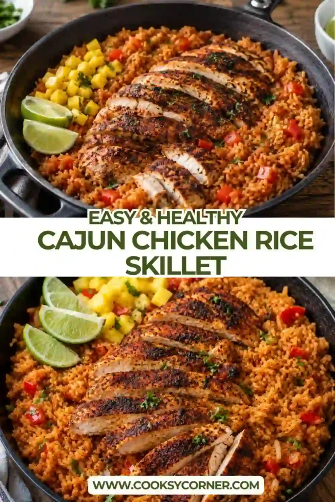 Golden Cajun chicken served over tender seasoned rice with bell peppers, celery, cilantro, and fresh mango. This easy one-pan chicken and rice recipe makes a comforting family dinner.