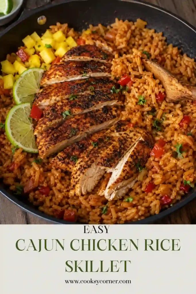 A skillet filled with Cajun Chicken & Rice Skillet featuring juicy seasoned chicken, fluffy rice, bell peppers, celery, fresh cilantro, and diced mango. This colorful one-pan dinner looks hearty and full of bold Cajun flavor.