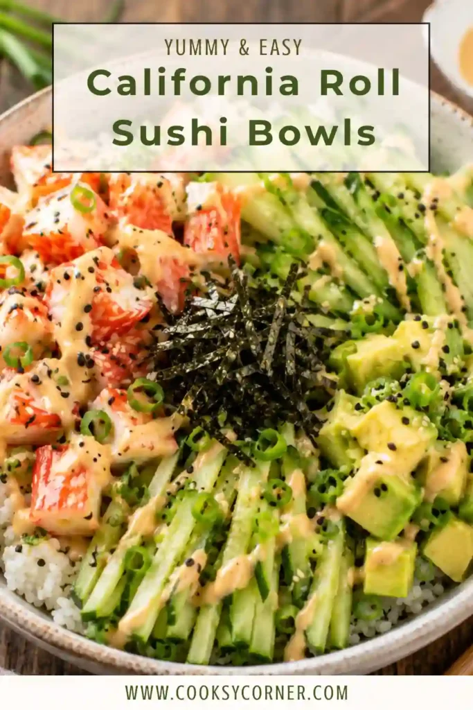 Homemade deconstructed sushi bowl featuring seasoned Calrose rice, spicy imitation crab, avocado, cucumber, and sesame seeds. A quick Japanese-inspired family meal.