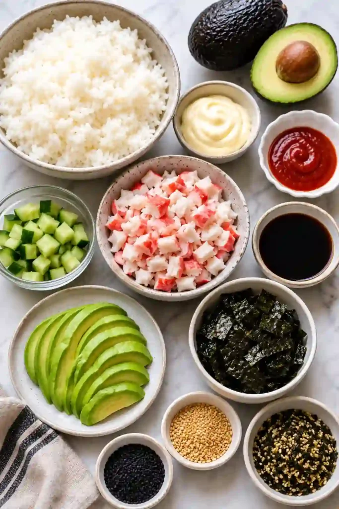 Easy California Roll Sushi Bowls served with soy sauce, avocado, cucumber, imitation crab, and crispy nori. A fresh homemade sushi bowl packed with flavor.
