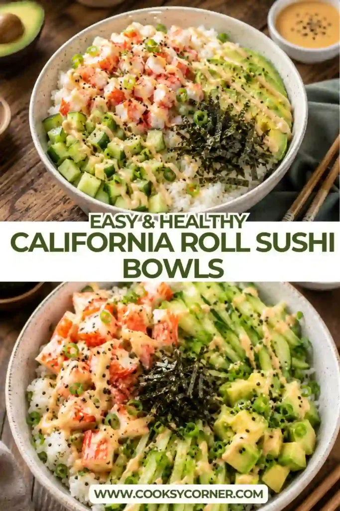 Fresh California roll bowl with sushi rice, creamy avocado, imitation crab, cucumber, and nori furikake. Every bite offers classic sushi flavors without rolling.