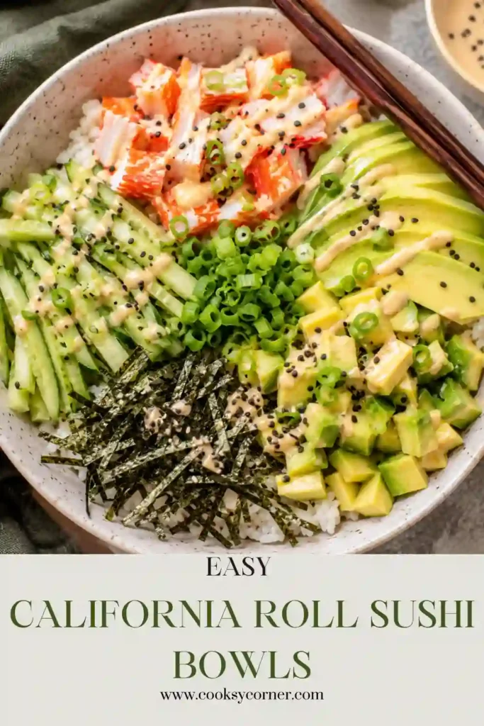 A bowl of California Roll Sushi Bowls topped with imitation crab, avocado slices, cucumber, sesame seeds, and nori over seasoned sushi rice. This easy sushi bowl recipe is colorful, fresh, and perfect for lunch or dinner.