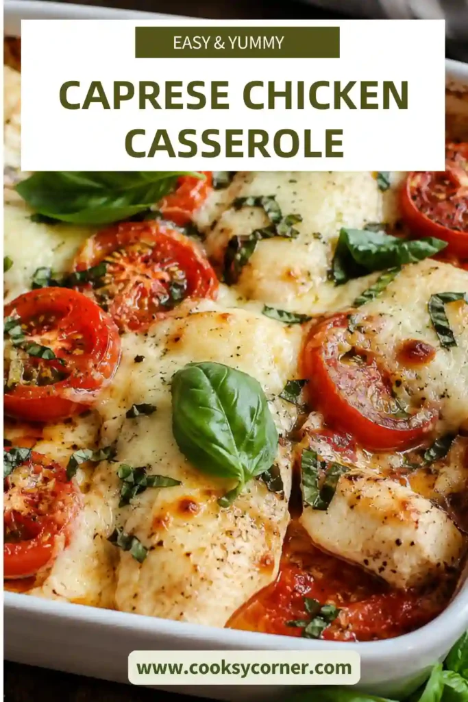 Easy baked Caprese Chicken Casserole served with fresh basil and roasted tomatoes. This gluten-free chicken dinner is rich, cheesy, and full of fresh ingredients.