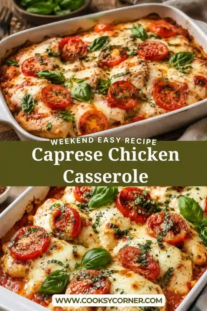 Italian-inspired Caprese Chicken Casserole featuring juicy chicken breasts, melted mozzarella cheese, fresh basil, and balsamic glaze in a baking dish.