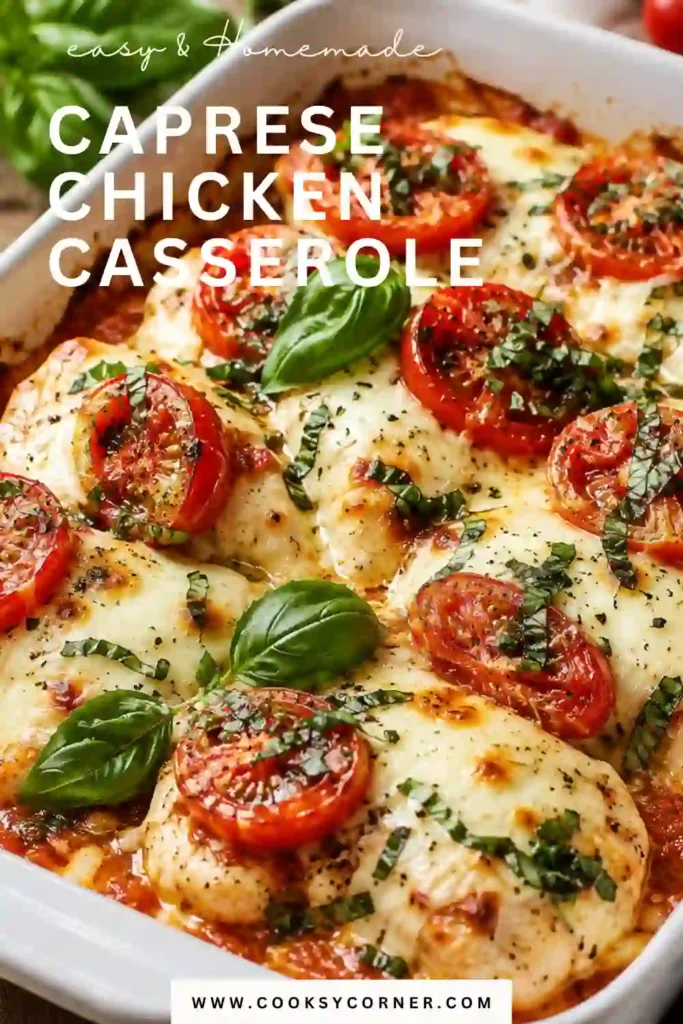 Freshly baked Caprese Chicken Casserole topped with melted mozzarella, juicy cherry tomatoes, basil leaves, and balsamic glaze. This easy Italian chicken bake makes a delicious family dinner.