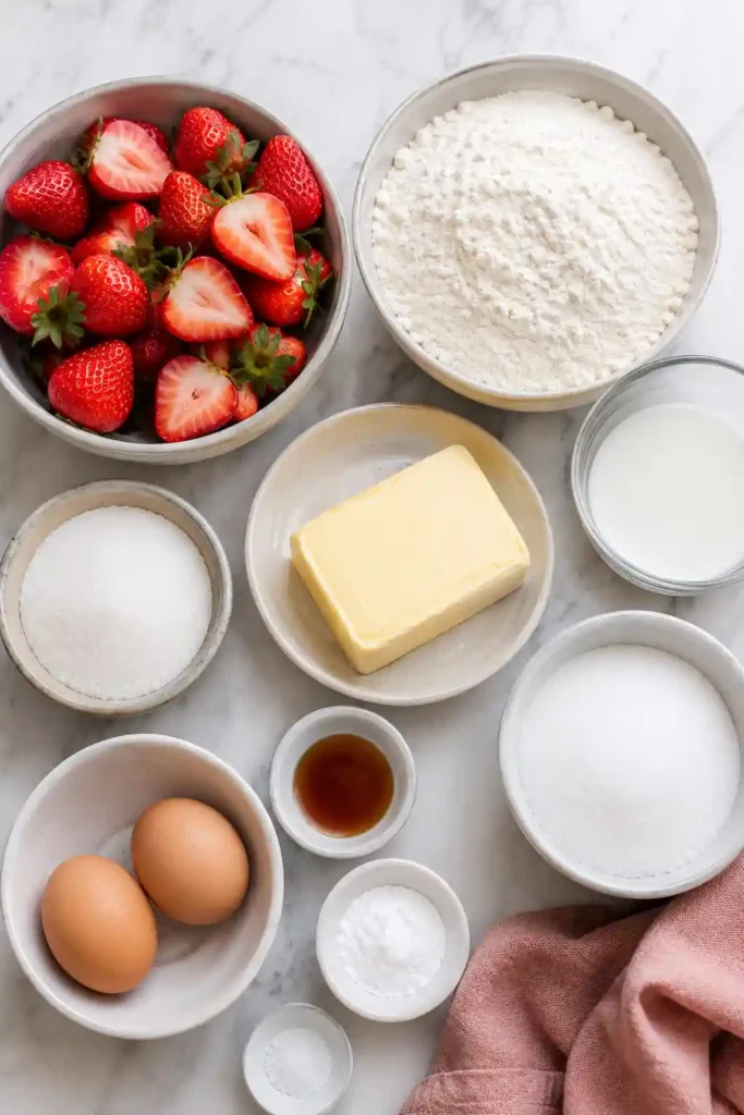 A beautiful fresh strawberry cake displayed on a cake stand with juicy berries and a golden vanilla base. Ideal for spring and summer entertaining