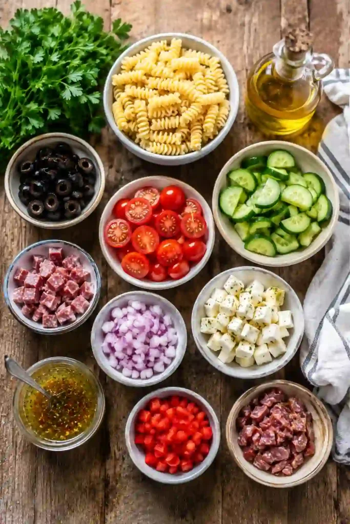 Healthy Italian-inspired pasta salad filled with tender chicken, fresh vegetables, olives, roasted peppers, and halal beef salami tossed in a flavorful homemade dressing. Perfect for BBQs and meal prep.