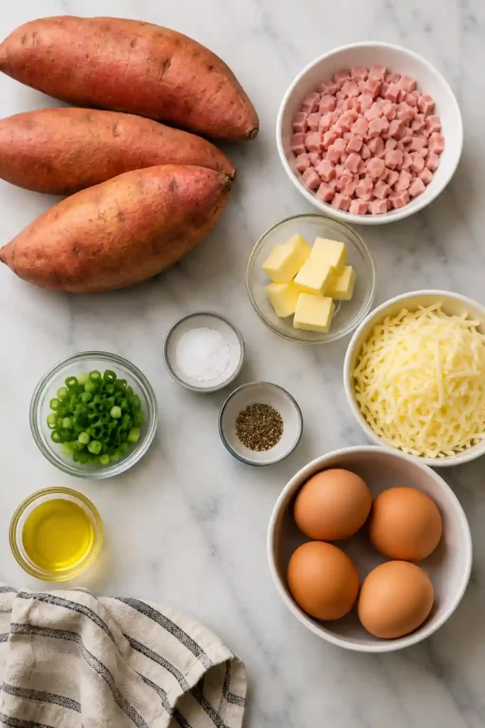 Halal-friendly Breakfast Sweet Potato filled with turkey ham, cheddar cheese, and baked eggs. A wholesome breakfast served fresh from the oven.