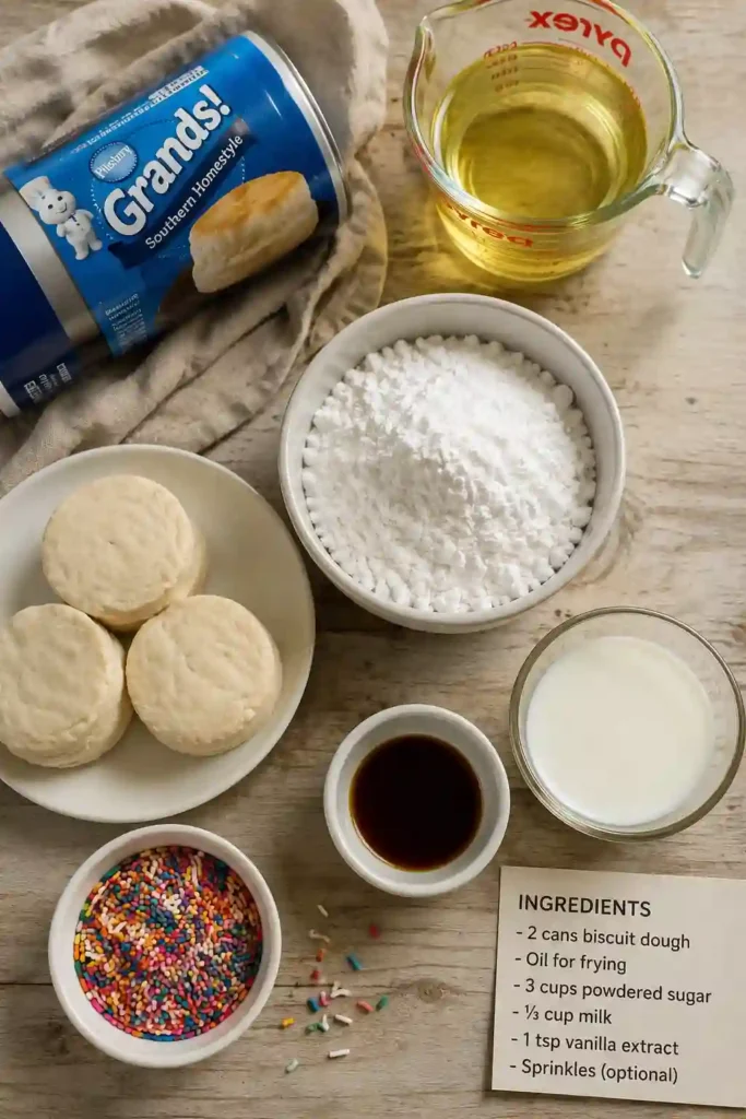 Warm Biscuit Doughnuts with glossy vanilla glaze served on a white plate. These quick homemade doughnuts are soft, fluffy, and delicious.