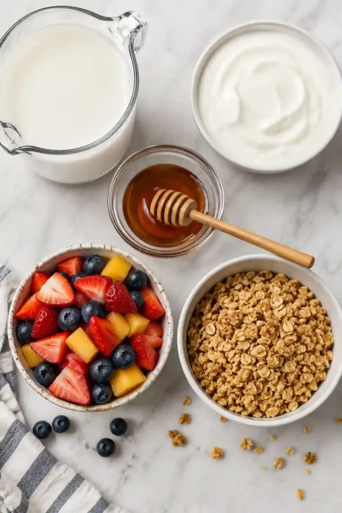 Frozen Fruit & Granola Breakfast Popsicles featuring Greek yogurt, almond milk, honey, fresh fruit, and crunchy granola. A healthy make-ahead breakfast recipe.