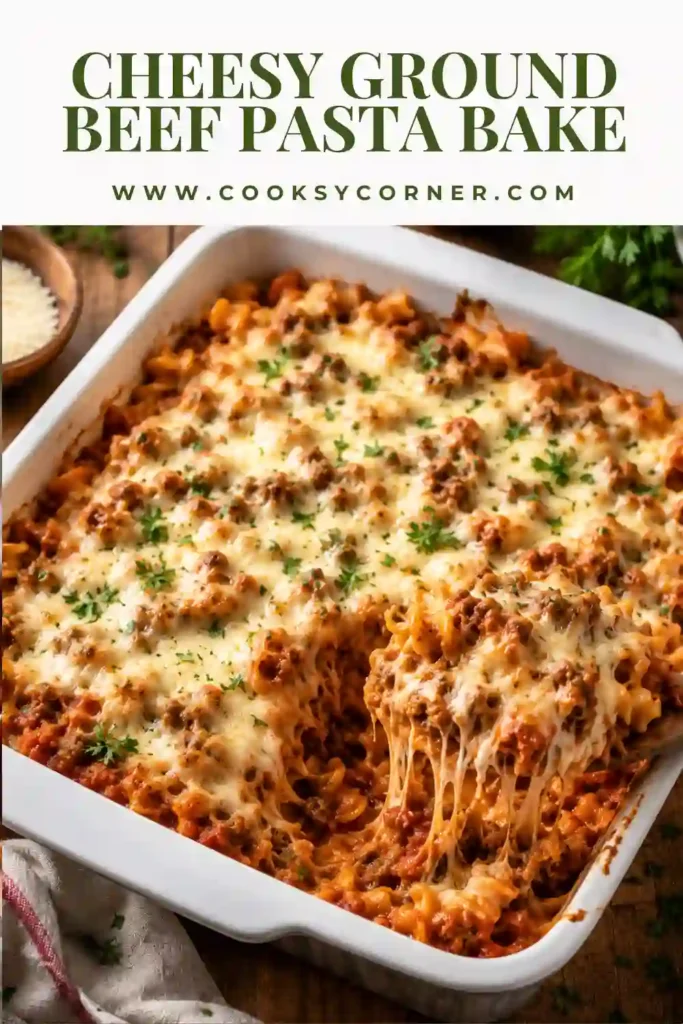 Homemade ground beef pasta casserole with bubbling mozzarella and tender fusilloni pasta served fresh from the oven.