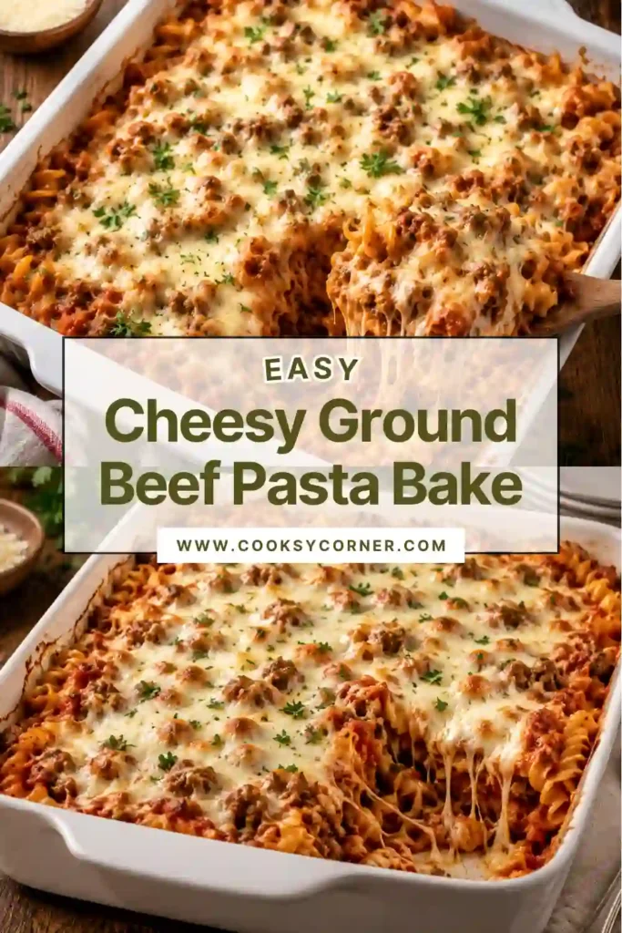 Close-up of cheesy baked pasta with seasoned ground beef and tomato sauce, finished with fresh basil and Parmesan cheese.