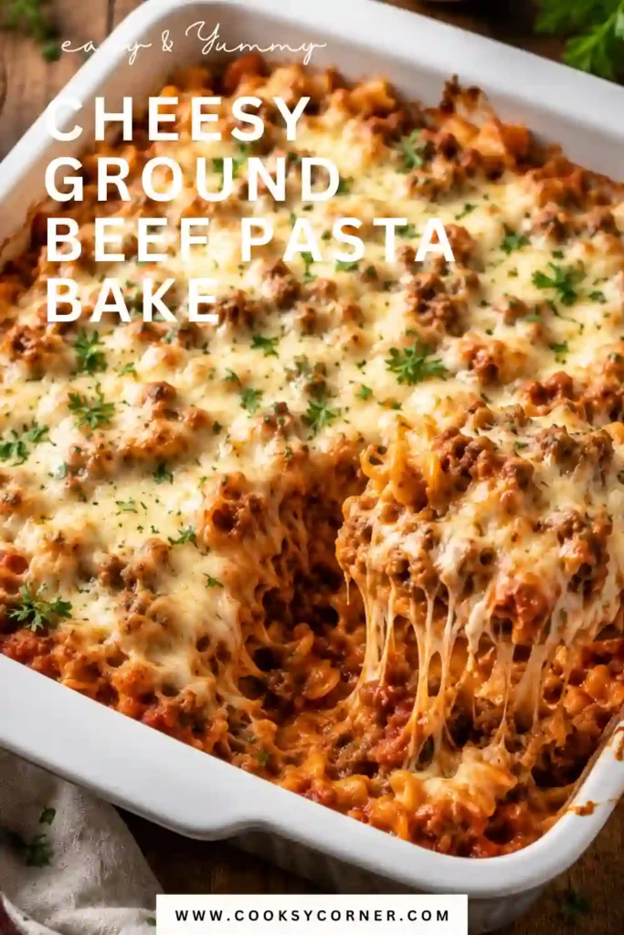 A baked Cheesy Ground Beef Pasta Bake topped with golden melted mozzarella, fresh basil, and grated Parmesan in a casserole dish.