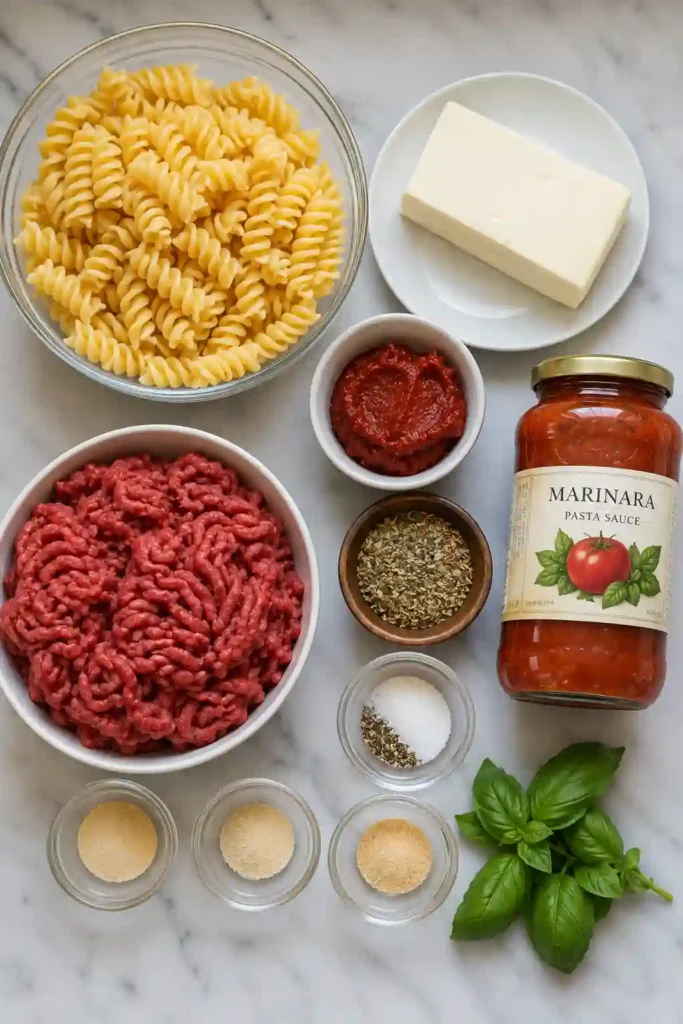 Comforting baked pasta casserole filled with lean ground beef, tomato sauce, and melted mozzarella cheese.