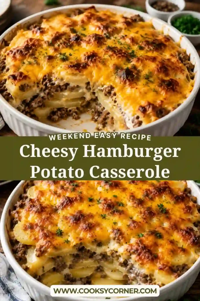 Close-up of a cheesy ground beef potato bake served fresh from the oven with bubbling cheese and creamy layers. A classic American comfort food recipe.