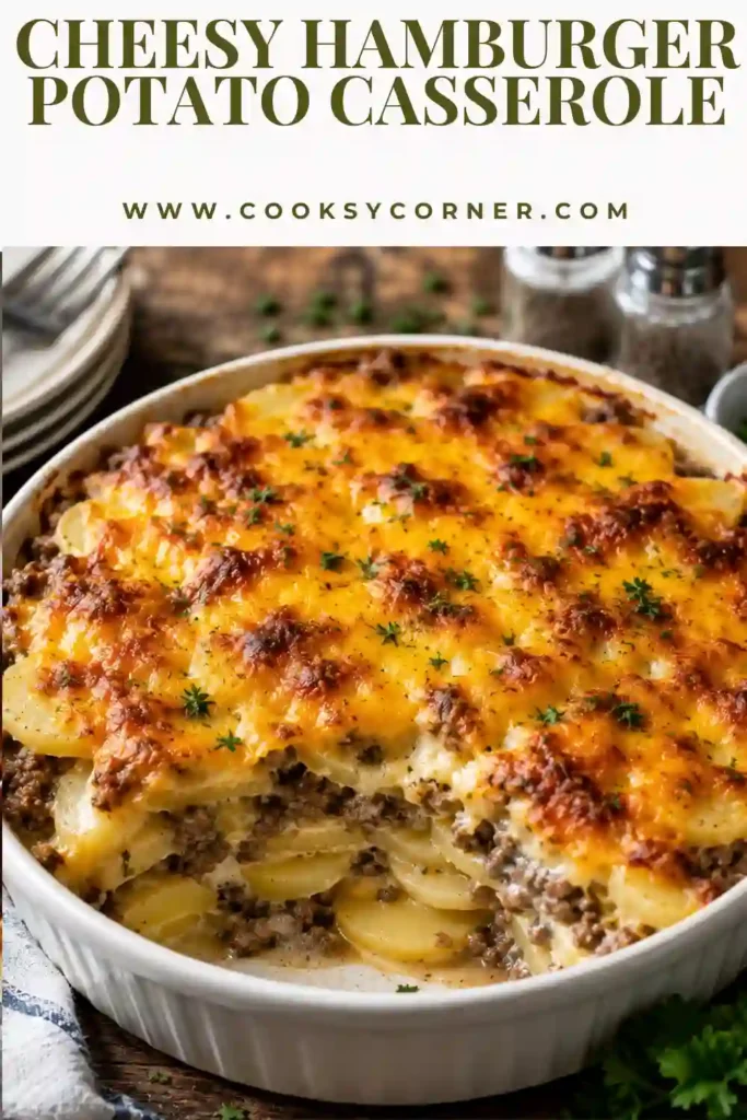 A baked Cheesy Hamburger Potato Casserole with golden melted cheddar cheese layered over seasoned ground beef and tender sliced potatoes. This hearty comfort food casserole is ideal for family dinners and meal prep.