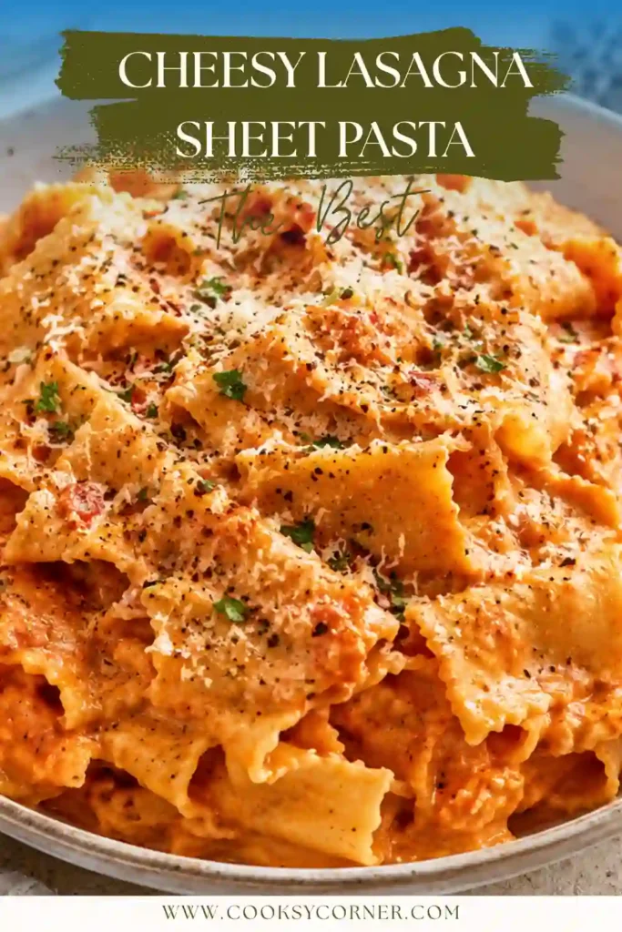 A bowl of Cheesy Lasagna Sheet Pasta with tender lasagna noodles coated in rich tomato sauce and melted mozzarella cheese. This easy lasagna pasta recipe is perfect for a comforting family dinner.