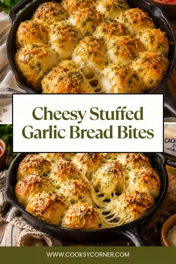 Freshly baked garlic bread bites stuffed with melted cheese, brushed with garlic butter, and sprinkled with Parmesan cheese.