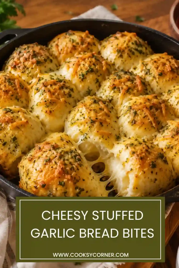 Cheesy Stuffed Garlic Bread Bites baked until golden in a cast-iron skillet and served with warm marinara sauce for dipping.