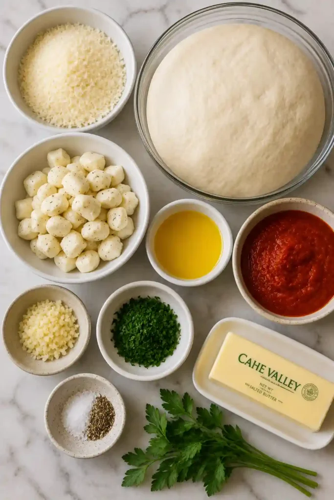 Pull-apart garlic bread bites featuring soft pizza dough, gooey cheese filling, and a golden Parmesan crust.