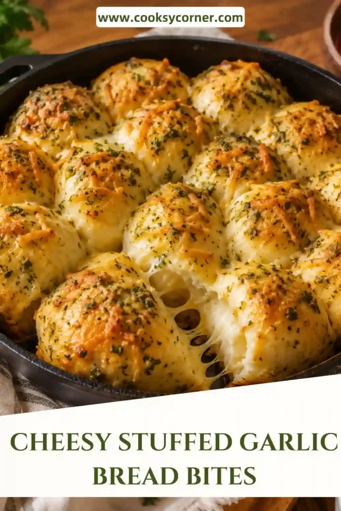Pull-apart garlic bread bites featuring soft pizza dough, gooey cheese filling, and a golden Parmesan crust.