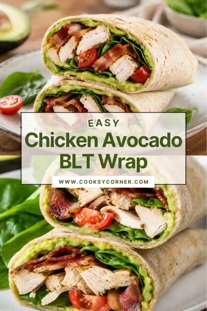 Overhead view of healthy wrap ingredients featuring shredded chicken, creamy guacamole, spinach, tomatoes, turkey bacon, whole-wheat tortilla, and fresh grapes.