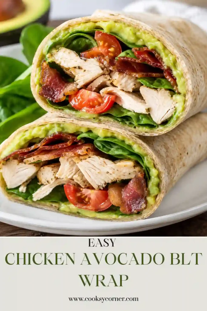 Healthy lunch ingredients displayed in ceramic bowls, including guacamole, chicken, spinach, tomatoes, turkey bacon, tortilla, and grapes for an easy wrap recipe.