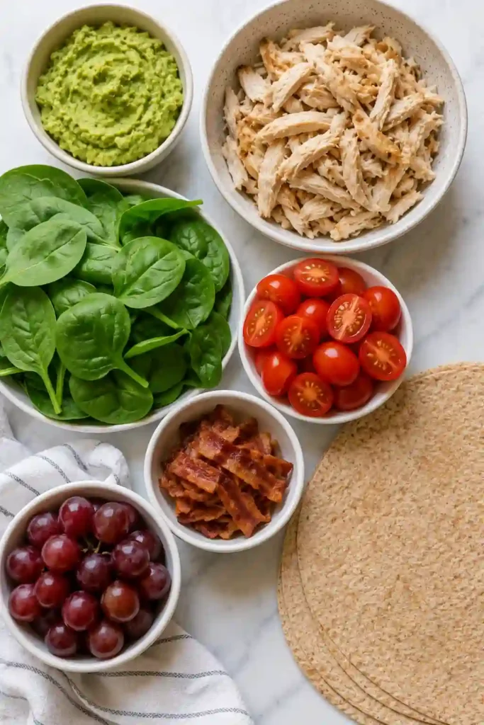Flat-lay of fresh ingredients used to make a Chicken Avocado BLT Wrap under soft natural lighting with clean food styling.