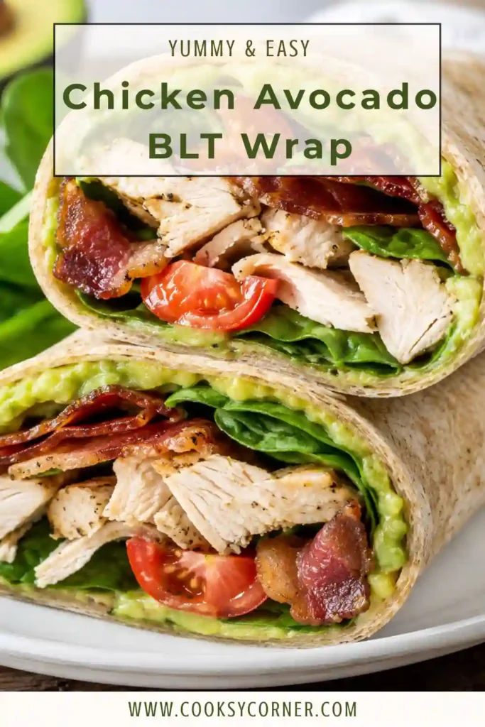 Fresh ingredients for a Chicken Avocado BLT Wrap arranged on a white marble countertop, including a whole-wheat tortilla, guacamole, shredded chicken, baby spinach, cherry tomatoes, turkey bacon, and grapes.
