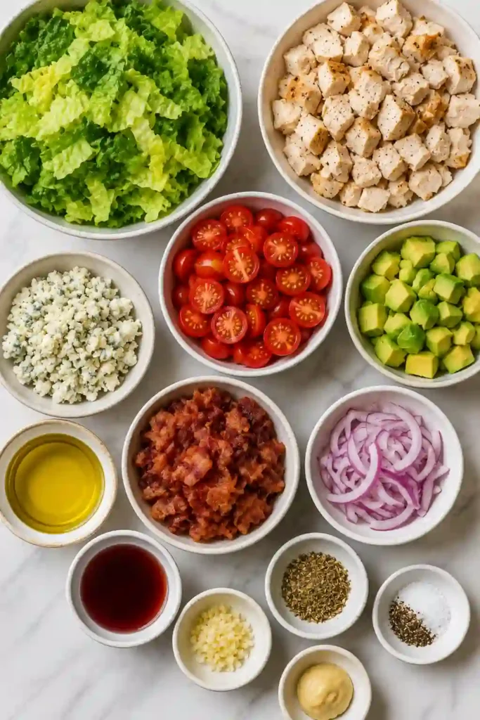 A bowl of Chicken Bacon Avocado Chopped Salad with diced chicken, turkey bacon, avocado, blue cheese, cherry tomatoes, and romaine lettuce tossed in a homemade vinaigrette.