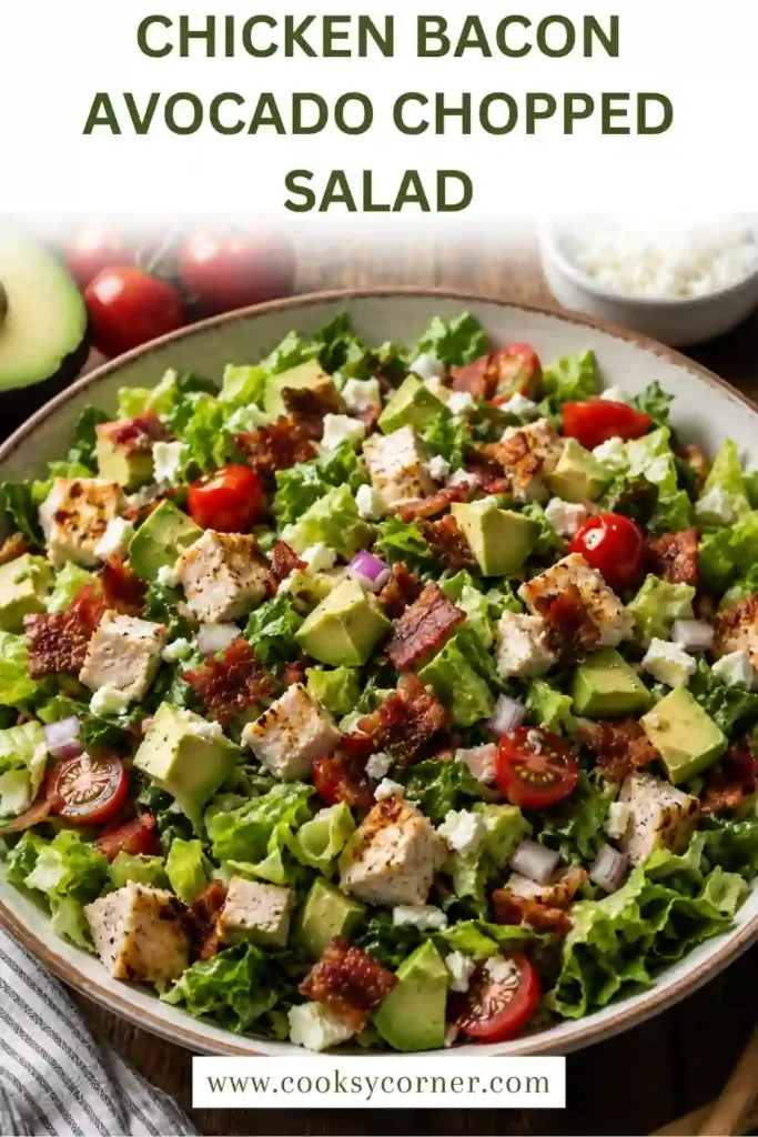 Fresh Chicken Bacon Avocado Chopped Salad featuring crisp romaine, creamy avocado, juicy chicken, turkey bacon, and cherry tomatoes in a light dressing.