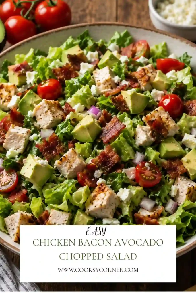 Colorful Chicken Bacon Avocado Chopped Salad made with fresh vegetables, protein-rich chicken, creamy avocado, and tangy vinaigrette.