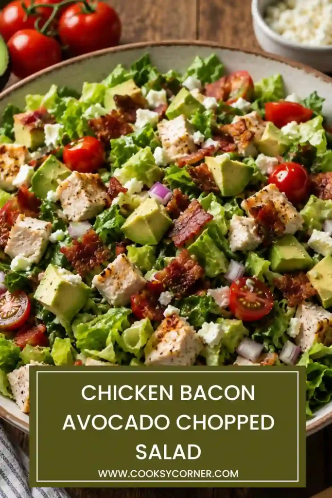 Healthy chopped chicken salad with turkey bacon, blue cheese, avocado, and homemade red wine vinaigrette served in a large salad bowl.