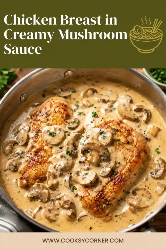 Homemade Chicken Breast in Creamy Mushroom Sauce served over mashed potatoes with sautéed mushrooms and a silky cream sauce.
