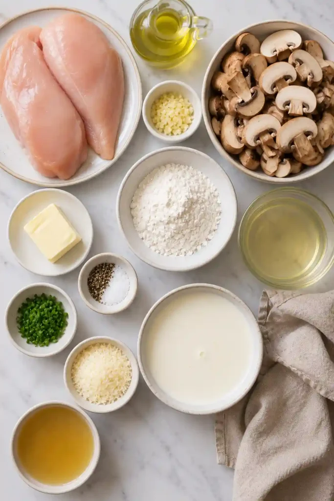 Tender chicken breast topped with creamy garlic mushroom sauce and fresh chives in a rustic skillet, perfect for a comforting dinner.