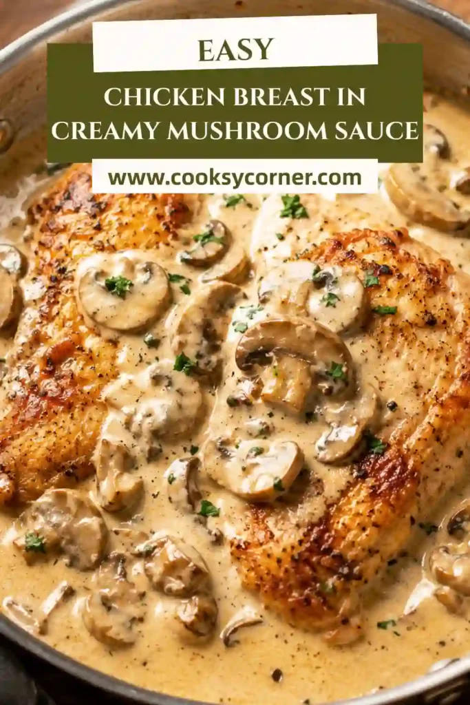 Pan-seared chicken breasts smothered in a rich creamy mushroom sauce with garlic and Parmesan cheese, garnished with fresh herbs.