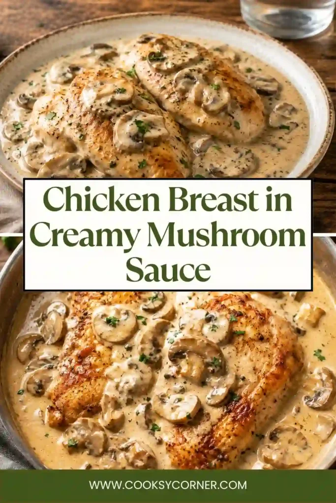 Juicy Chicken Breast in Creamy Mushroom Sauce served in a skillet with golden mushrooms, Parmesan cream sauce, and fresh chives.