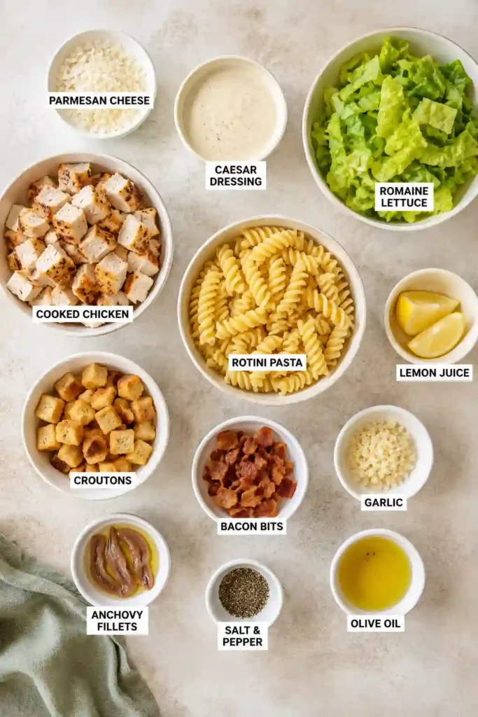 Easy Chicken Caesar Pasta Salad with grilled chicken, rotini pasta, romaine lettuce, Parmesan cheese, turkey ham, and Caesar dressing. A hearty and flavorful pasta salad recipe.