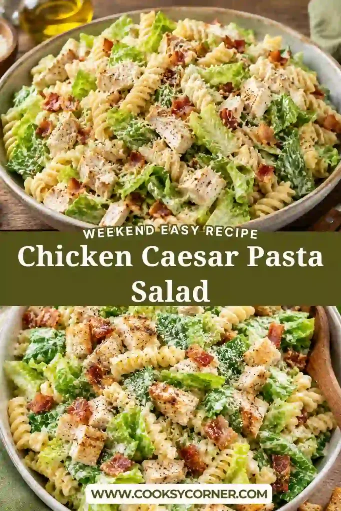A bowl of creamy Chicken Caesar Pasta Salad made with grilled chicken, rotini pasta, crisp romaine lettuce, turkey ham, Parmesan cheese, and Caesar dressing. This easy pasta salad is perfect for lunch or dinner.