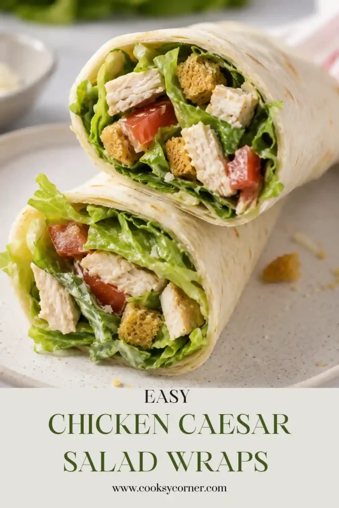 Chicken Caesar Salad Wraps made with soft tortillas, juicy chicken, crisp romaine lettuce, crunchy croutons, and Parmesan cheese. An easy lunch recipe ready in just 10 minutes.