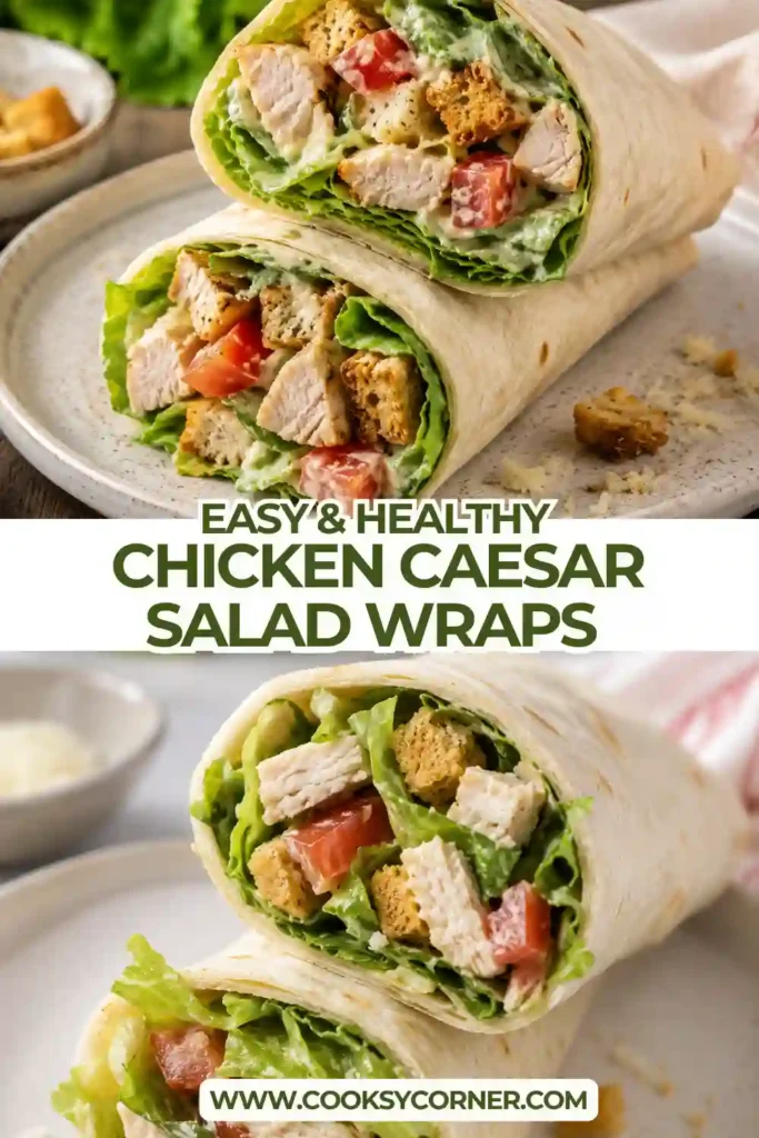 A close-up of homemade Chicken Caesar Salad Wraps served on a plate with fresh lettuce and cherry tomatoes. These healthy chicken wraps are packed with fresh ingredients and classic Caesar flavor.