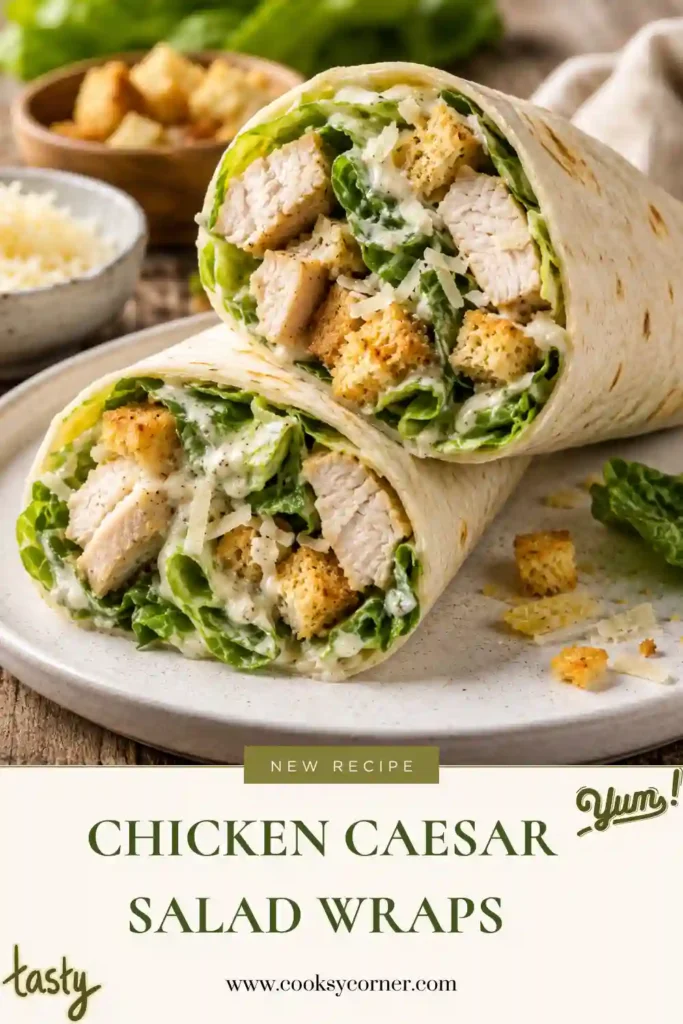 Fresh Chicken Caesar Salad Wraps sliced in half and filled with chopped chicken, crisp lettuce, Parmesan cheese, tomatoes, and creamy Caesar dressing. A quick and easy lunch wrap perfect for meal prep.