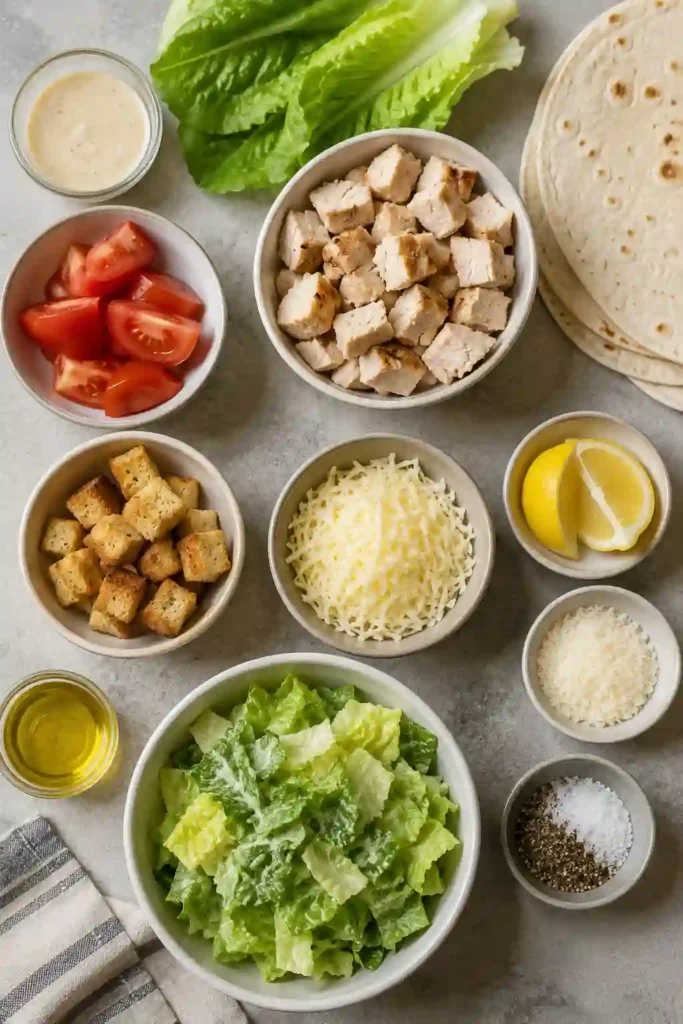Freshly prepared Caesar chicken wraps filled with creamy Caesar salad, tender chicken, and crunchy vegetables. A simple and satisfying meal for lunch or dinner.