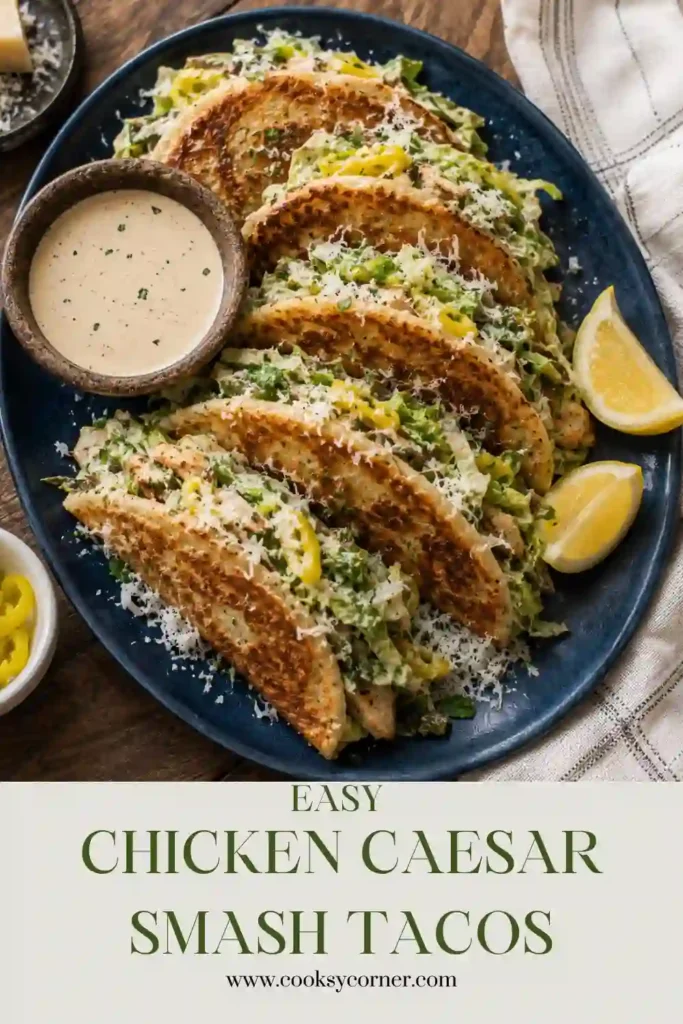 Chicken Caesar Smash Tacos filled with crispy ground chicken, fresh romaine lettuce, Parmesan cheese, and creamy Caesar dressing. A delicious high-protein dinner with golden pan-fried tortillas.