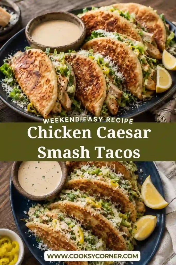 Golden Chicken Caesar Smash Tacos featuring seasoned ground chicken, shredded romaine, pepperoncini, and Parmesan. Crispy, fresh, and full of flavor.