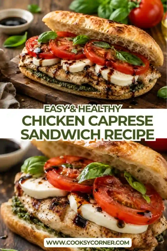 Italian-inspired Chicken Caprese Sandwich served on crispy toasted sourdough with balsamic glaze and fresh basil leaves.