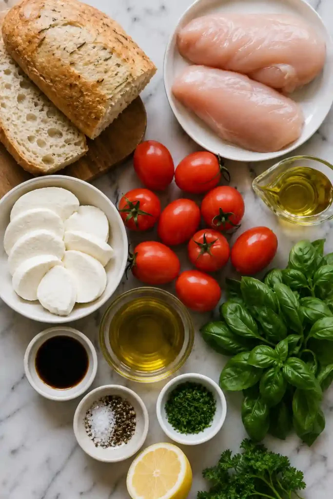 Easy Chicken Caprese Sandwich filled with grilled chicken, mozzarella cheese, tomatoes, basil, and olive oil on artisan bread.