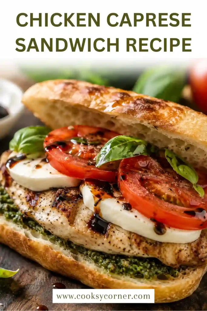 Grilled Chicken Caprese Sandwich layered with fresh mozzarella, sliced tomatoes, basil leaves, and balsamic glaze on toasted sourdough bread.