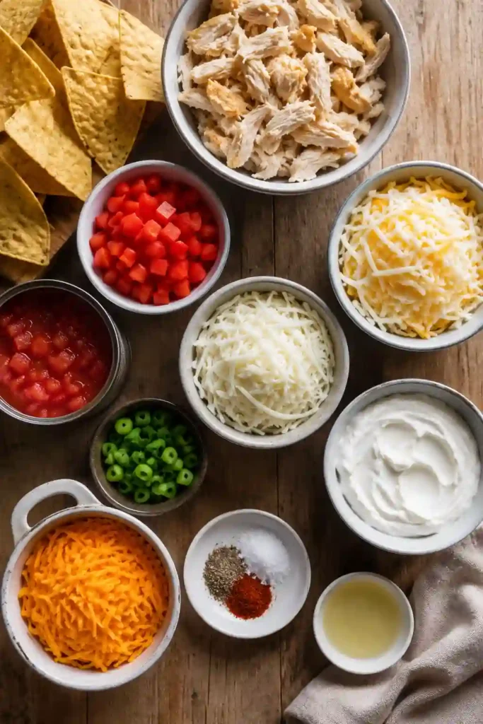 A serving of Chicken Chip Bake garnished with avocado, cilantro, sour cream, and pico de gallo on a dinner plate. This easy chicken casserole is colorful, cheesy, and satisfying.